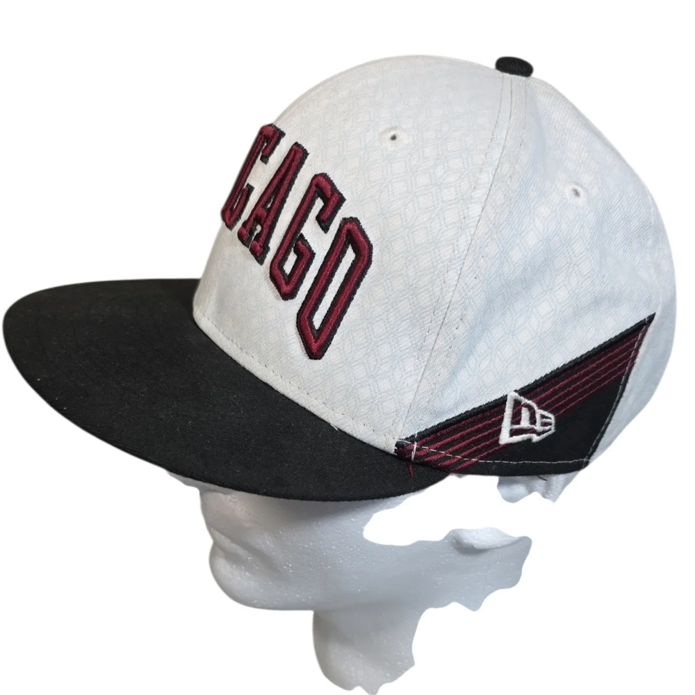 New Era White and Black Chicago Snapback Hat with Burgundy Lettering
